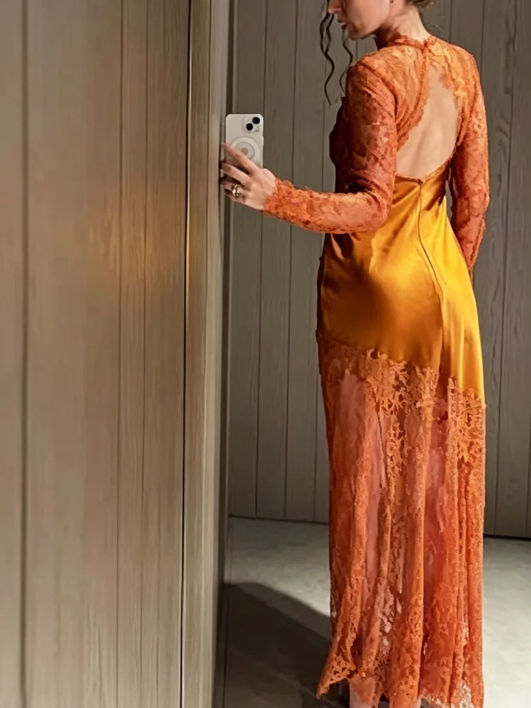 Damen Slim Fit Spitzen-Satin-Meerjungfrauenkleid mit hohem Kragen, langen Ärmeln, Rückenausschnitt, Maxikleid, formelles Kleid für Hochzeitsgäste und Partys. – Detail 12
