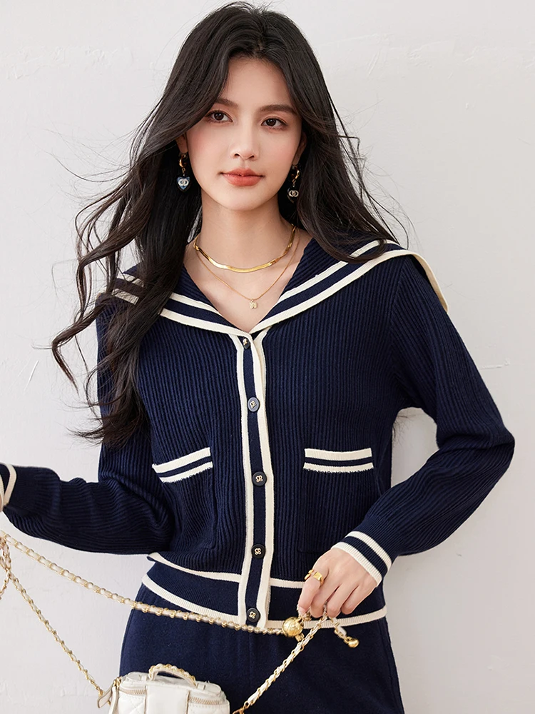 Autumn Winter Women Navy Blue Knitted Cardigans Fashion Loose Sweet Single Breasted Sailor Collar Pullover Sweater