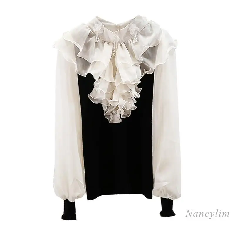 Fashion Top Heavy Industry Pullover Three-dimensional Ruffle Edge Beaded Stand-up Collar Chiffon Splicing Long-sleeved Sweater