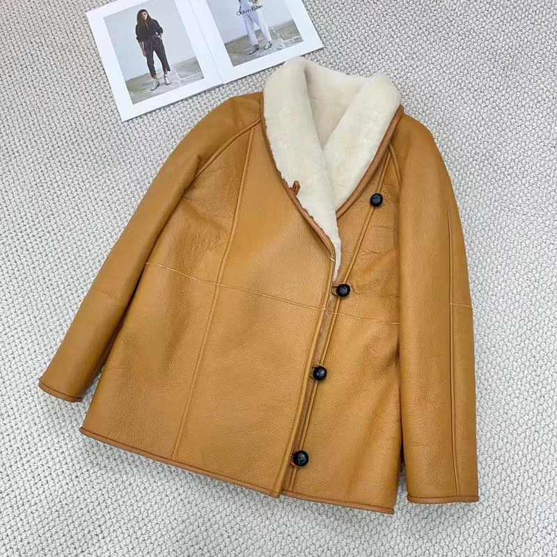 Women Coat Winter V-Shaped Lapel Natural Real Sheep Fur Jacket Thick Warm Single-Breasted Regular Length High Quality