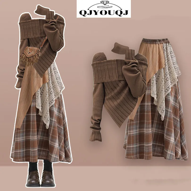 

Autumn and Winter Casual Suit Women's New Coffee Colored Knitted Sweater+scarf+half Body Skirt Three Piece Set