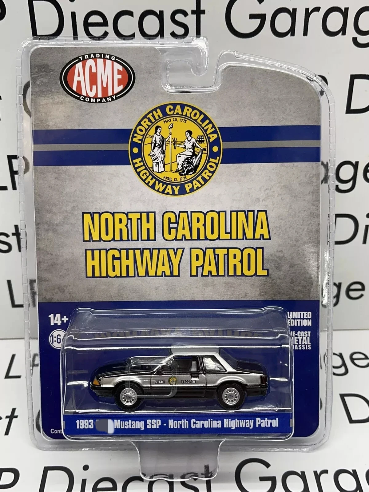 

GREENLIGHT 1993, Литая под давлением модель Mustang SSP North Carolina Highway Patrol, НОВАЯ литая модель 1:64