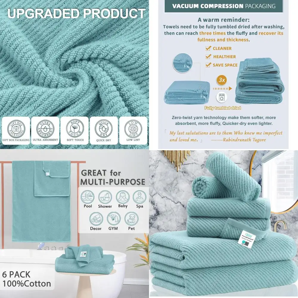 طقم مناشف حمام قطنية فاخرة - 6 قطع، 2 كبير 30 × 56، 2 يد 18 × 28، 2 مناشف 13 × 13، ناعمة، سريعة الجفاف، أزرق مائي