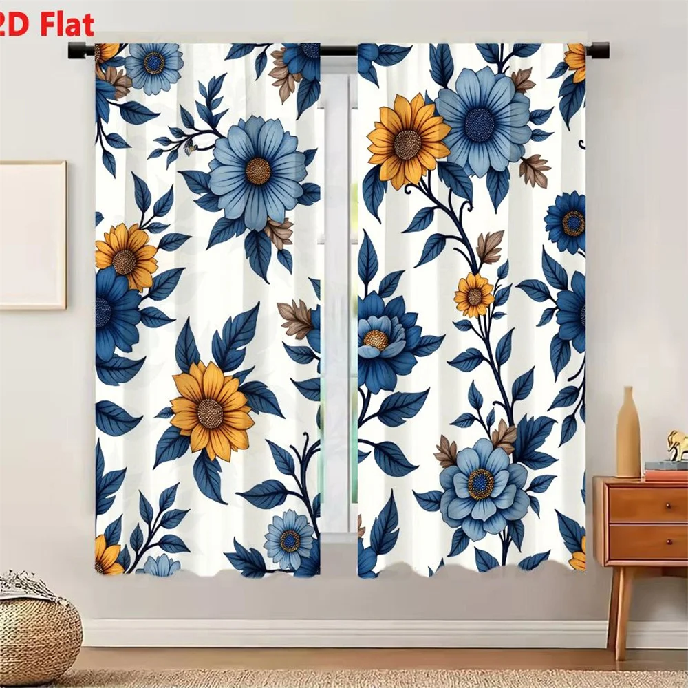 2Pcs Curtains Seamless Floral Pattern With Blue And Yellow Flowers On Off White Background Window Drapes for Bedroom Room Decor