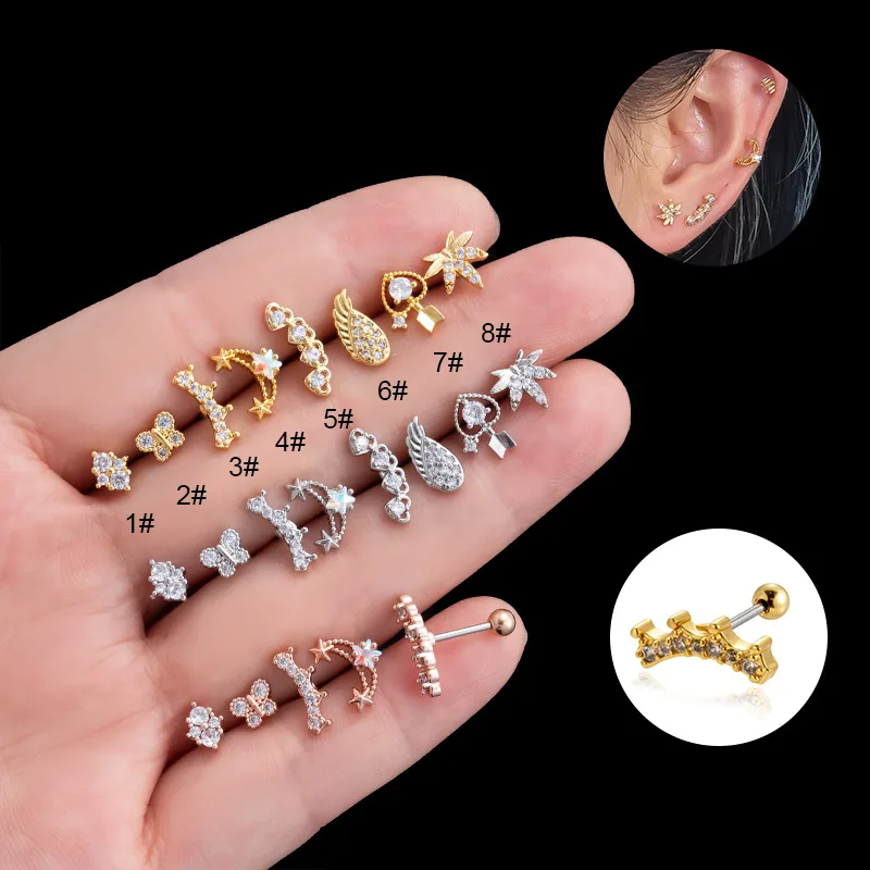 1Pc 0.8Mm Dunne Staaf Hart Vlinder Oorknopjes 20G Roestvrij Staal Zirkoon Kraakbeen Oorbel Dubbele Kop Schroef Piercing Sieraden