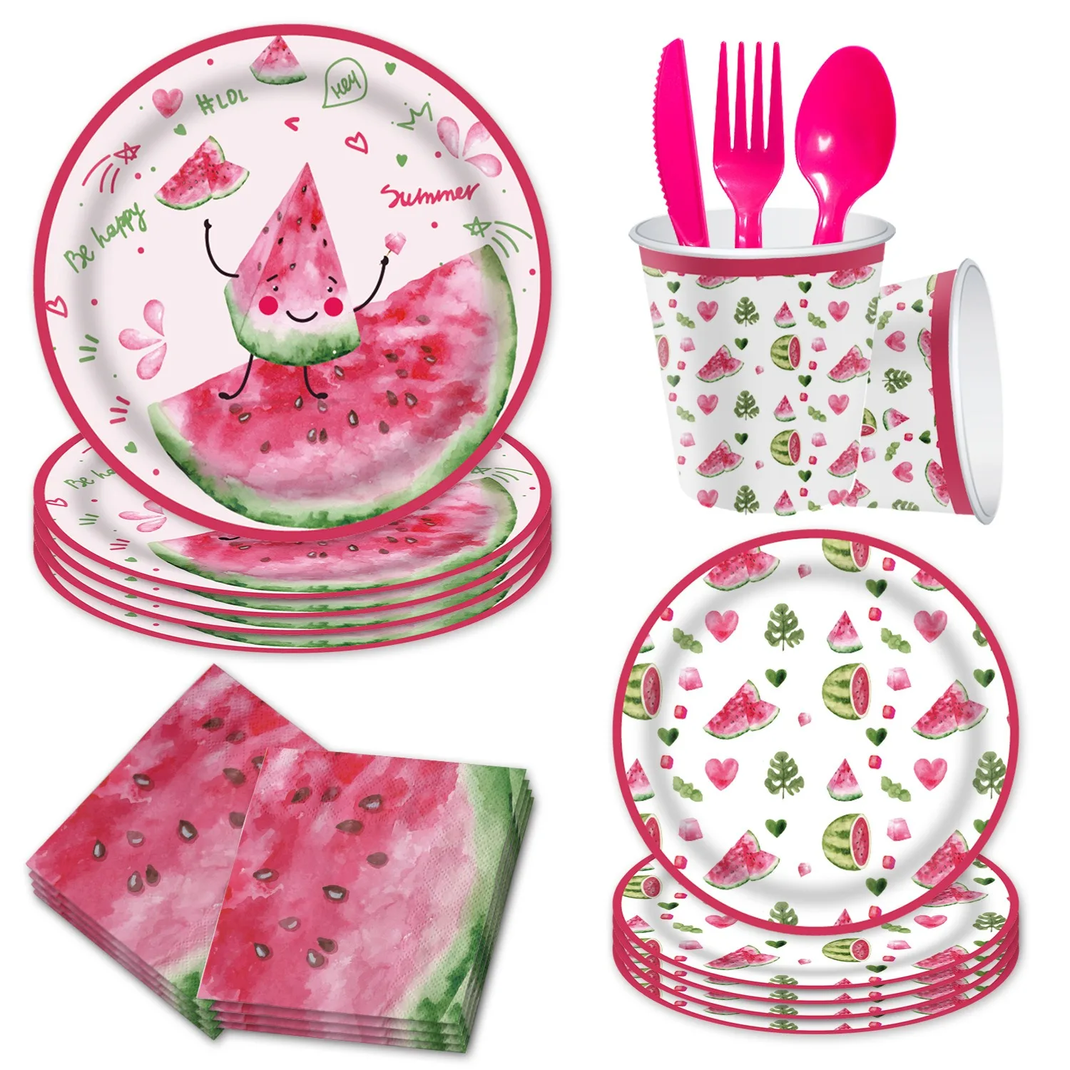 8Guests Hello Summer Watermelon Disposable Tableware Fruit Plates Cups Napkins Watermelon Fruit Birthday Party Supplies