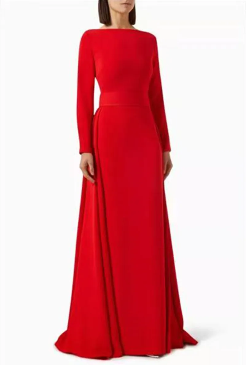 

Customized Long Red Bateau Neck Evening Dress Sheath Crepe Floor Length Pleat فساتين سهرة Zipper Prom Dress Abendkleid for Women