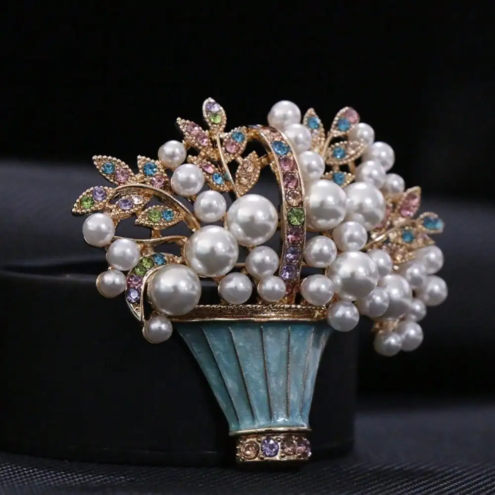 New Glazed Pearl Flower Brooch, Fashionable Flower Basket, Potted Plant Brooch, Medieval Personalized Clothing Accessories