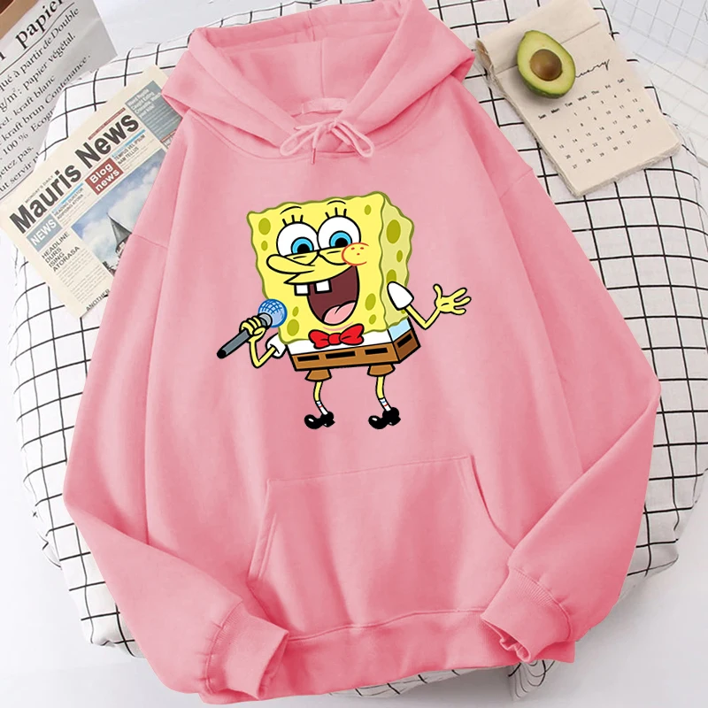 

SpongeBob SquarePants printed women's autumn and winter hoodie plus fleece sweater pink loose top