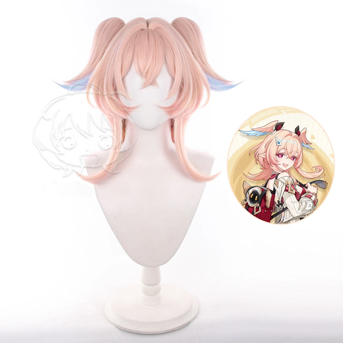 

Genshin Impact Lynette Cosplay Wig Pink with Blue Gradient Double Ponytail Heat Resistant Synthetic Hair Anime Game Party Wig