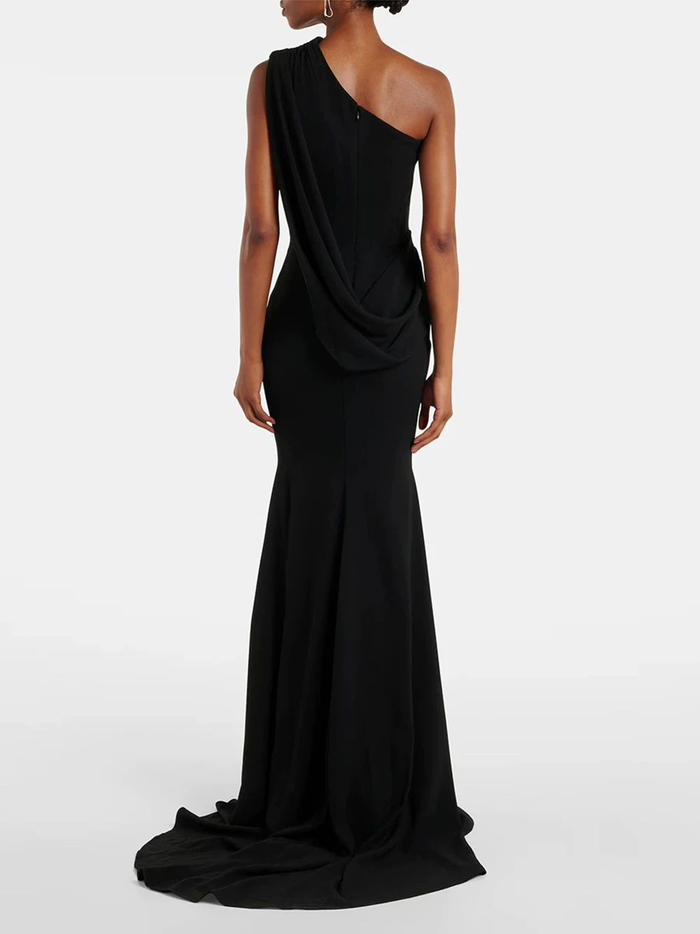 Modphy Elegant Floor Length Dress 2026 New Women'S Black Sleeveless Single Shoulder Pleated Mermaid Dress