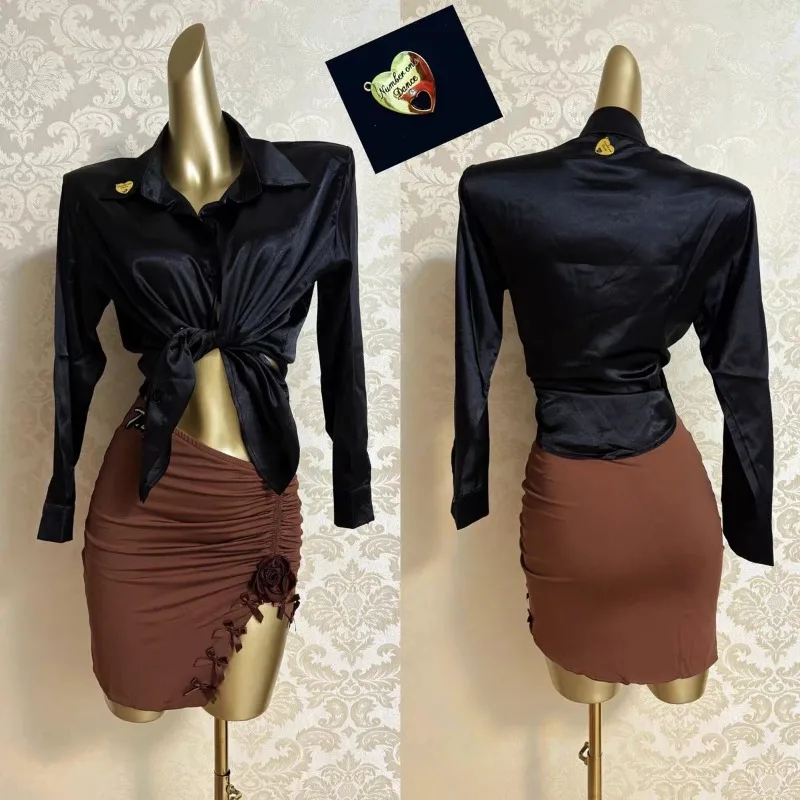 

Customized Female Latin Modern Dance Dress Adult Women's Open Shirt Loose Satin Long Sleeve Practice Top