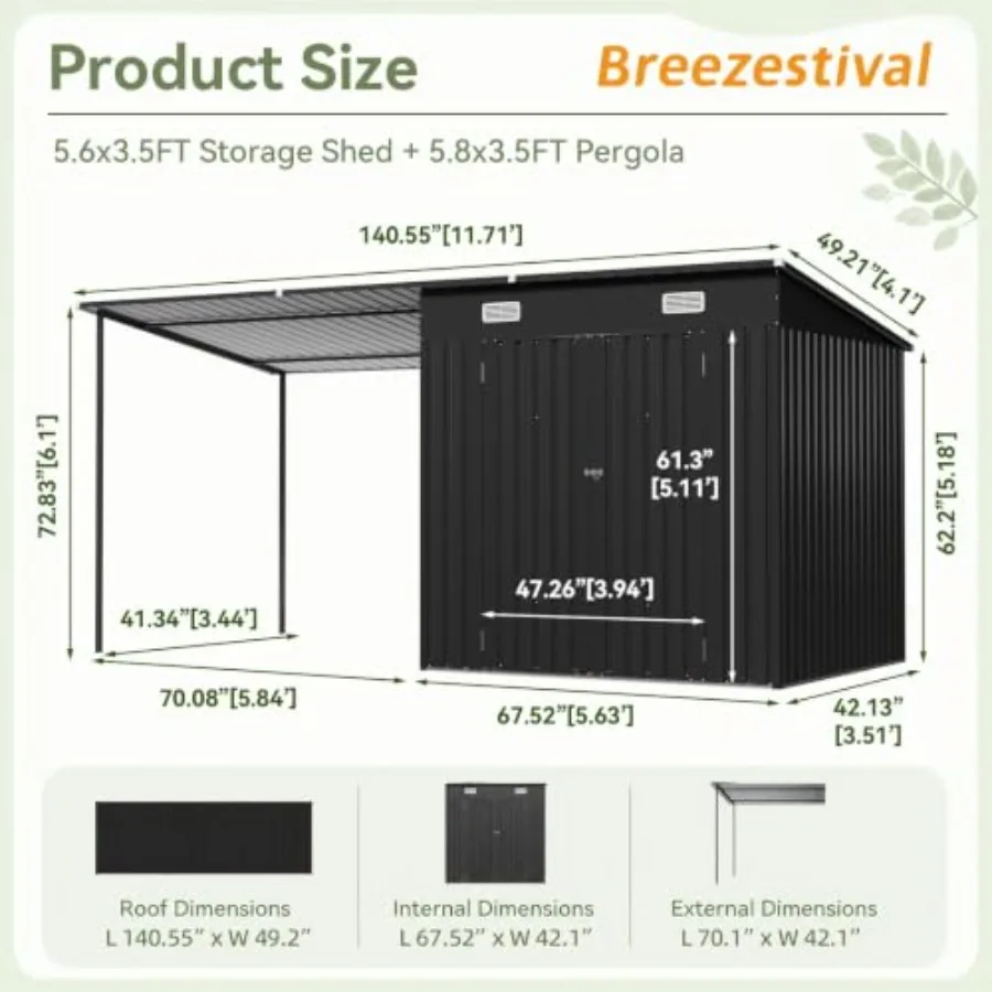 Outdoor storage shed hardtop gazebo combo for backyard use, galvanized steel frame, charcoal gray finish, rust-resistant and we