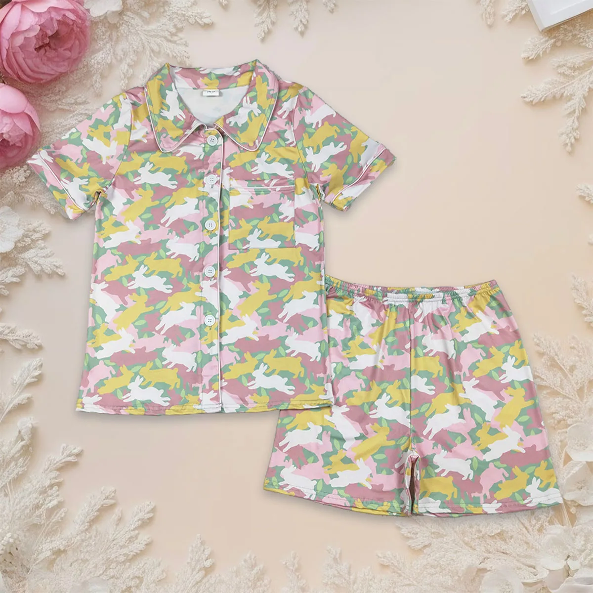 

Adult Women Rabbits Camo Button Pocket Top Shorts Easter Pajamas Sets Nightclothes Short Sleeves Sleepwear Set Shorts Wholesale