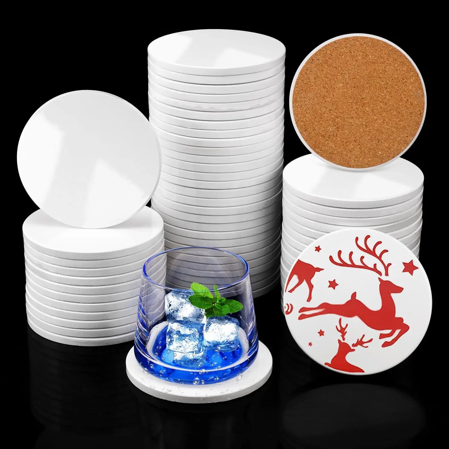 

55 PCS 4 Inch Round Sublimation Ceramic Coasters with Cork Backing, Glazed Tiles for Drinks and DIY Crafts