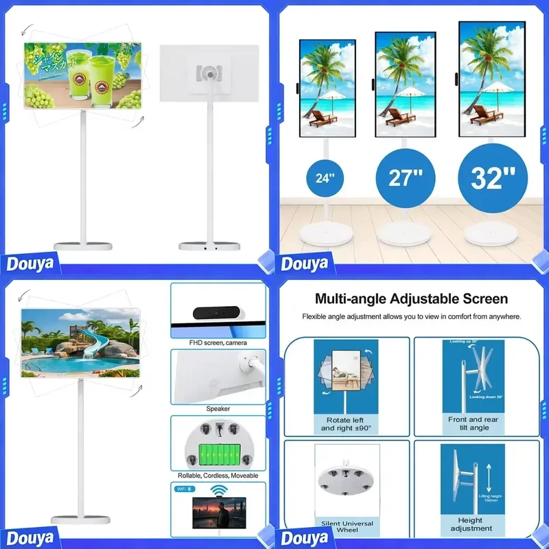 White Portable Wireless Smart TV Floor Standing Rotatable Vertical Display Follow-Me Movable TV for Shopping Mall Animation