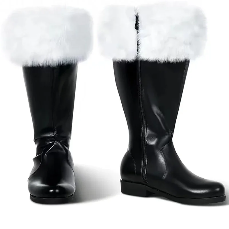 Botas navideñas de Papá Noel para hombre, zapatos de cuero negro, puños de felpa blancos, botas de invierno para Halloween y Navidad