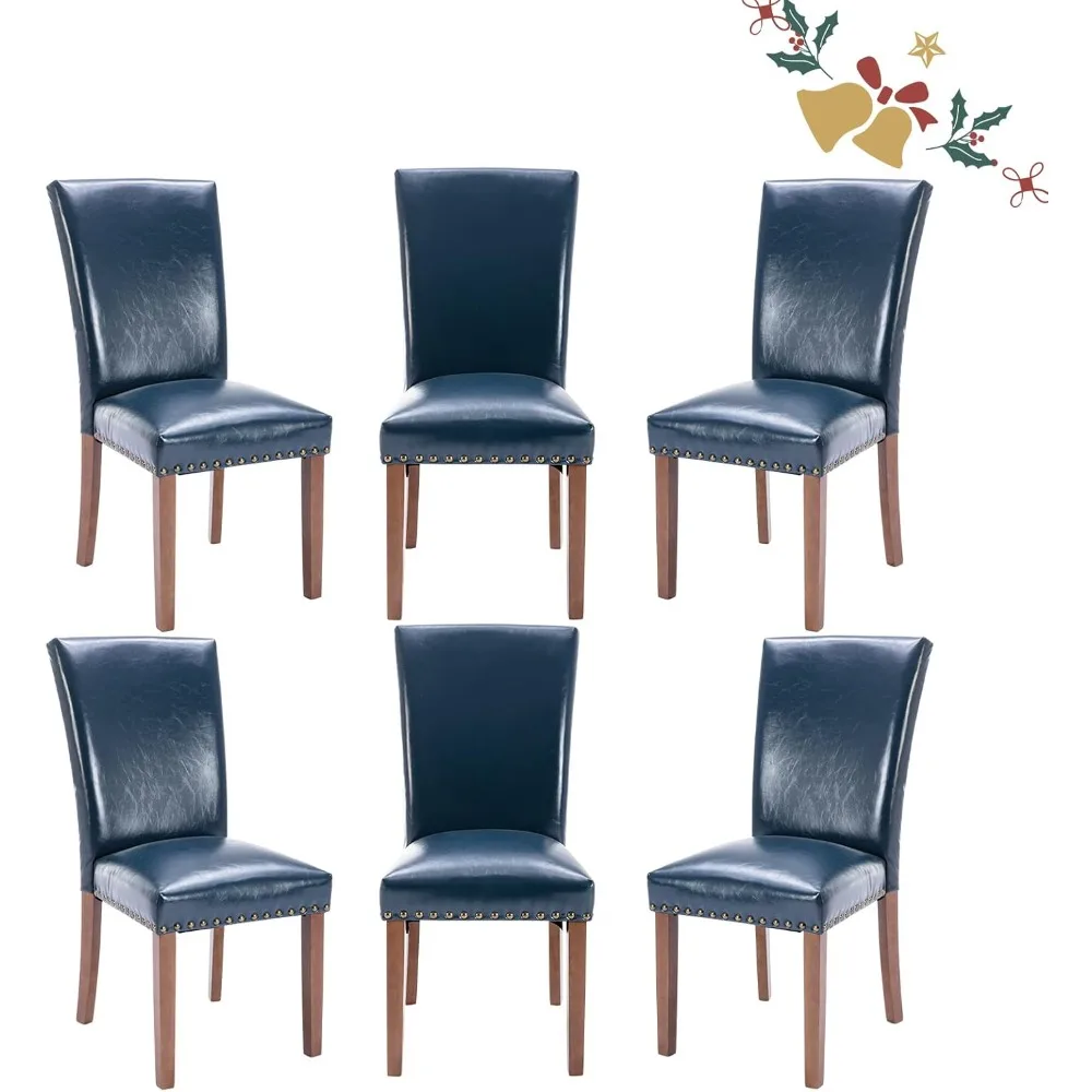 Dining Chairs Set of 6, Upholstered Nailhead PU Leather Dining Room Kitchen Side Chair with Thick Cushions and Wood Legs, Blue