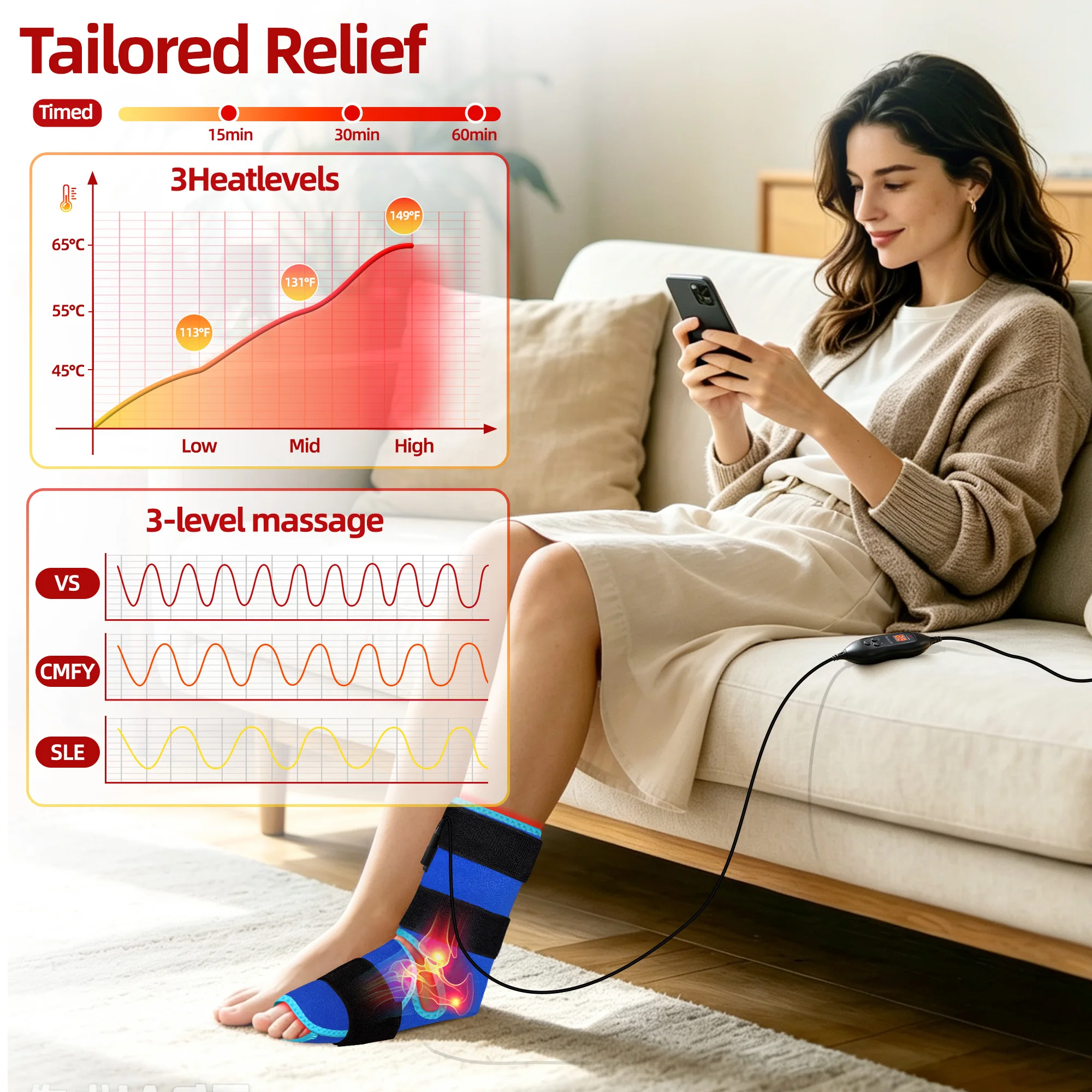 Ankle Brace Electric Heating 660nm Red Light 141 LED 3 Modes Elastic Straps Relief Pain Joint Relax Sport Recovery Winter Warm