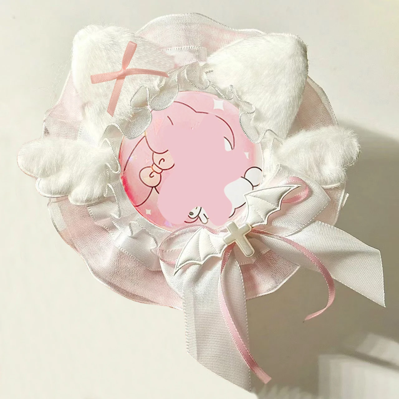 Cute and Sweet Plush Cat Ear Round Lace Badge Holder, Handmade Bowknot Anime Cartoon Character Merchandise, Celebrity Idol Support Badge, Badge Display Stand, Storage Decoration, Badge Holder, Back-To-School Season, Graduation Season, Halloween, Easter Holiday Gifts, Lolita Creative Small Items, Gumi Goods, Itabag, Itaboard, DIY Materials, Accessories, Badge Holder