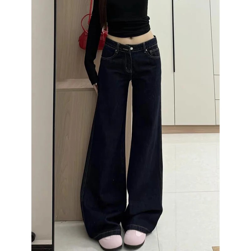 ZHIZOU レディース ローライズ フレア ジーンズ 原宿系 日本風 ヴィンテージ ギャル デニムパンツ アビ Y2K ベルボトム ハイストリート ダークブルー ジーンズ