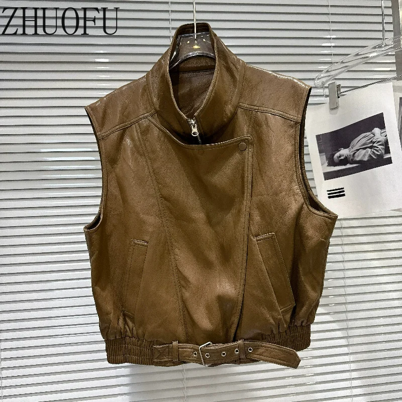 Tooling Locomotive Wind Women's Vest 2026 Autumn New Solid Color Stand-up Collar Beveled Edge Sweet Cool PU Leather Vests Ladies
