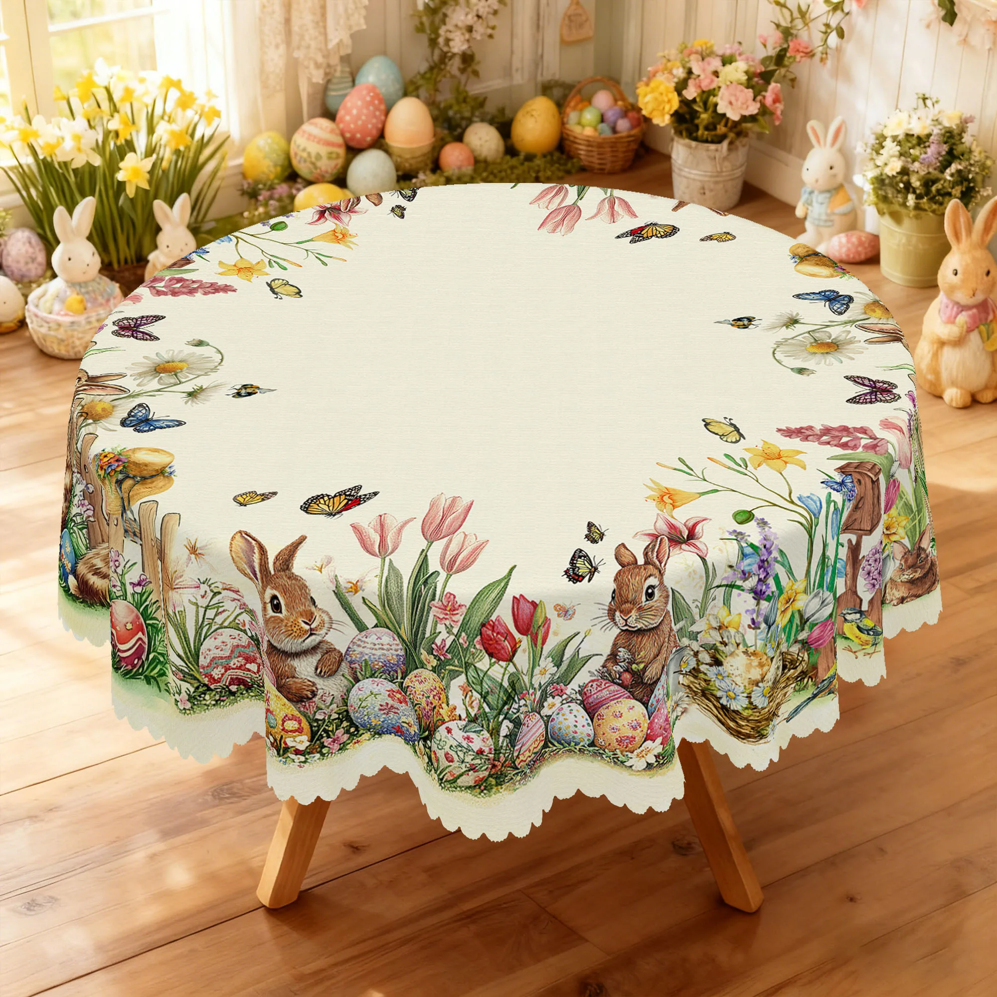 1 Piece of Easter Round Tablecloth, Available in Various Sizes, Featuring a Soft and Cute Bunny Snuggling with Painted Eggs, a Rabbit Buddy Hugging a Nest among Fluttering Butterfly-Wings and Flower Clusters, a Tulip Fence, a Bamboo Basket Holding Spring Vegetables, a Watercolor-Style Print Depicting a Spring Pastoral Scene, Embossed Edges, Easter Decoration, Suitable for Home Kitchens, Patio Dining Tables, Spring Gatherings, Easter Decoration Items