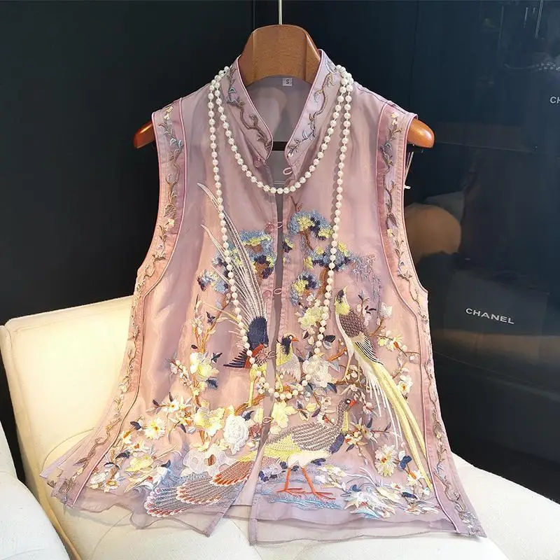 Chinese traditional vest women oriental style top stand collar retro elegant embroidered vest sleeveless tang suit summer coat