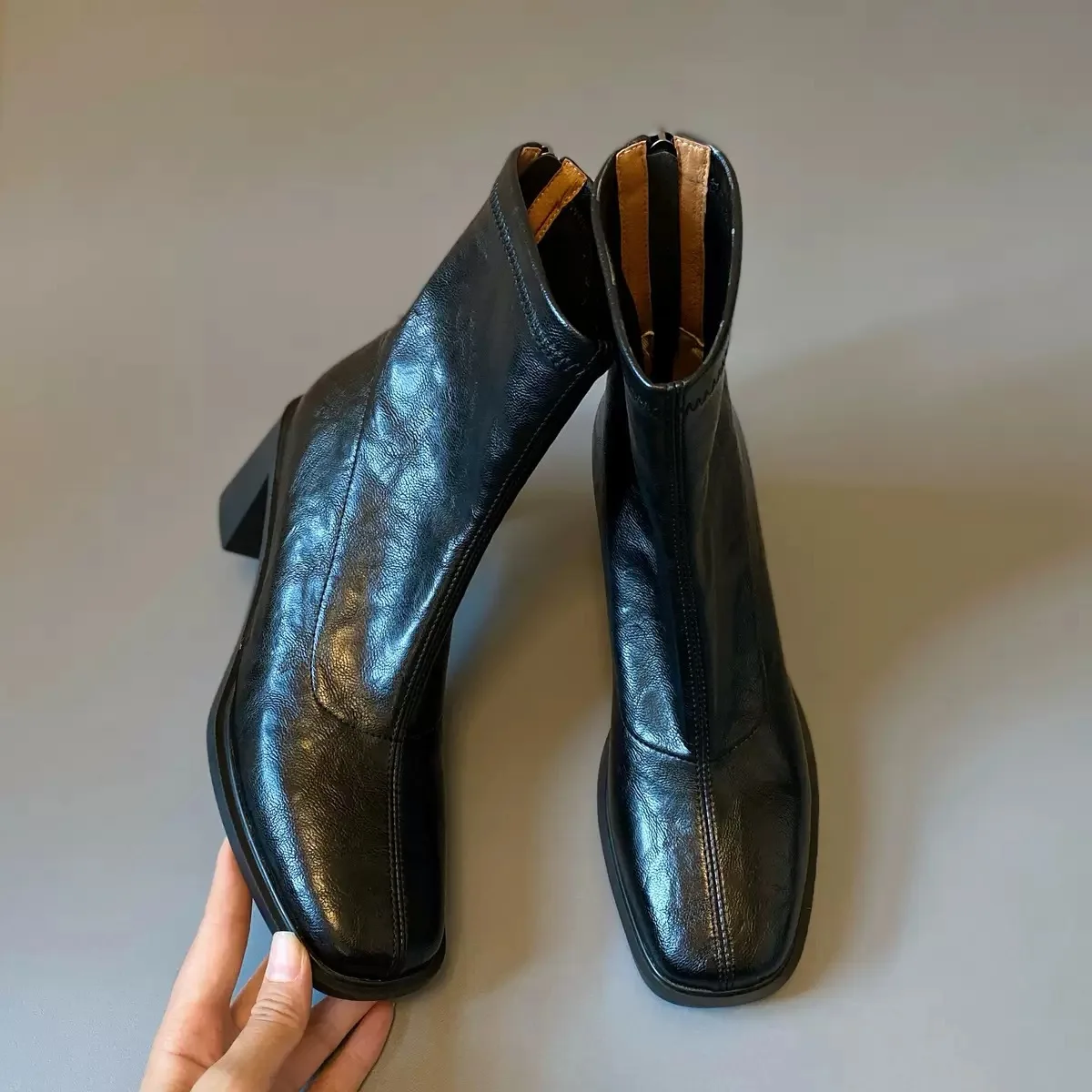 

High heeled short boots for women's autumn and winter new style square toe genuine leather French thick heel slim boots