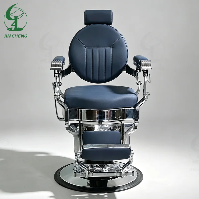 Jincheng Hair Salon Furniture Retro Blue Barber Chair Professional Modeling Men's Antique Reclining Shaving Luxury Barber Chair.