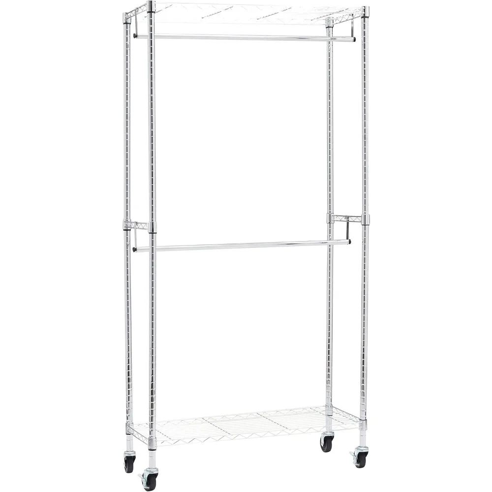 Adjustable Double Hanging Rod Garment Rolling Closet Organizer, Chrome Finish, 36'' x 14'' x 72''
