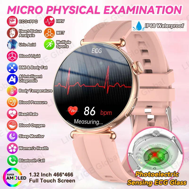 

LIGE ECG+PPG Women Smart Watch Blood Fat Uric Acid Blood Pressure Thermometer Female Menstrual Nursing Grade Health Smartwatch