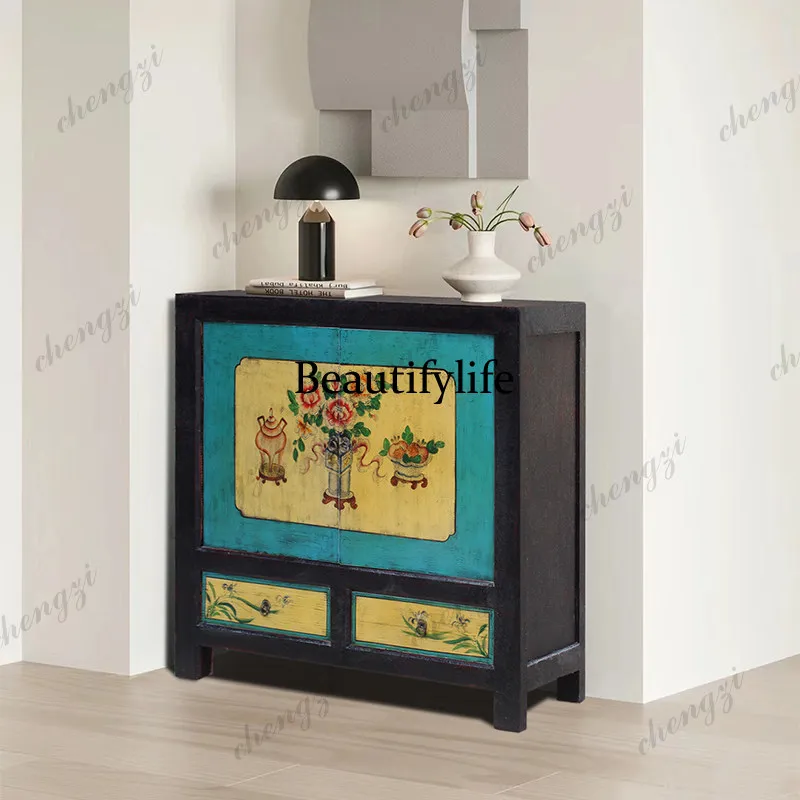New Chinese-style entrance, solid wood hand-painted old living room cabinet entry foyer decorative storage