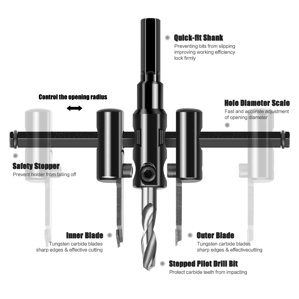 Adjustable Wood Hole Cutter 30‑120mm Circle Saw Bit Carbide Tip Woodworking Hole Saw for Drilling Wood Board Fit Electric Drill