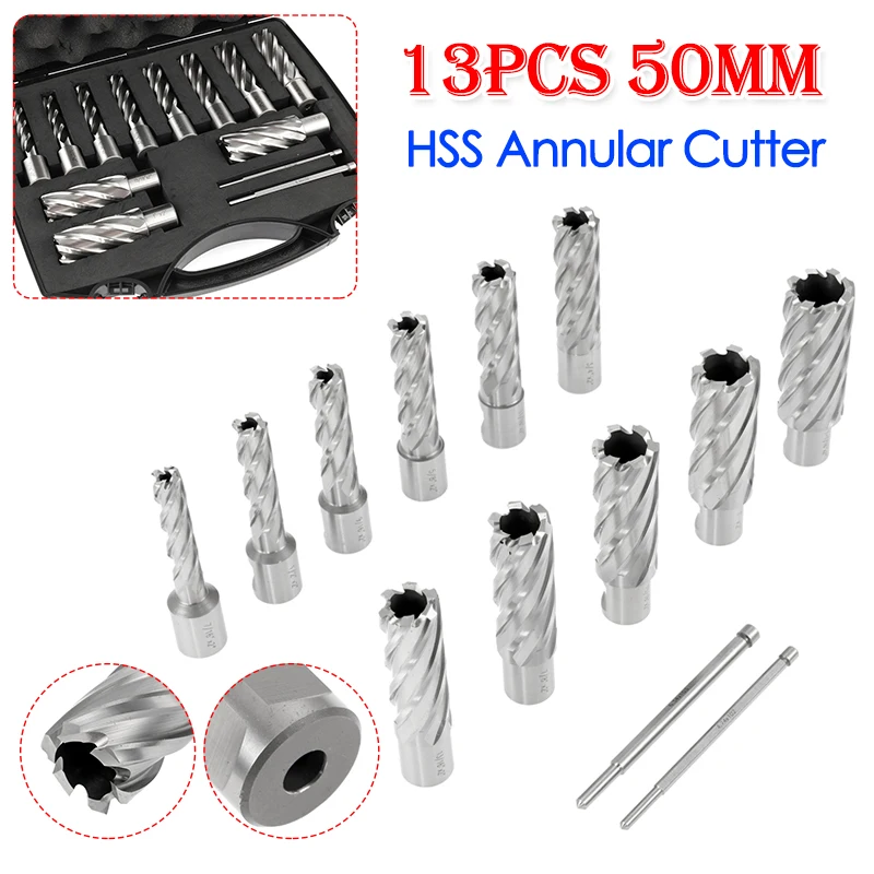 13PCS 50mm Depth HSS Core Drill Bit Annular Cutter Set Weldon Shank with Storage Box Tool Kit for Metal Drilling