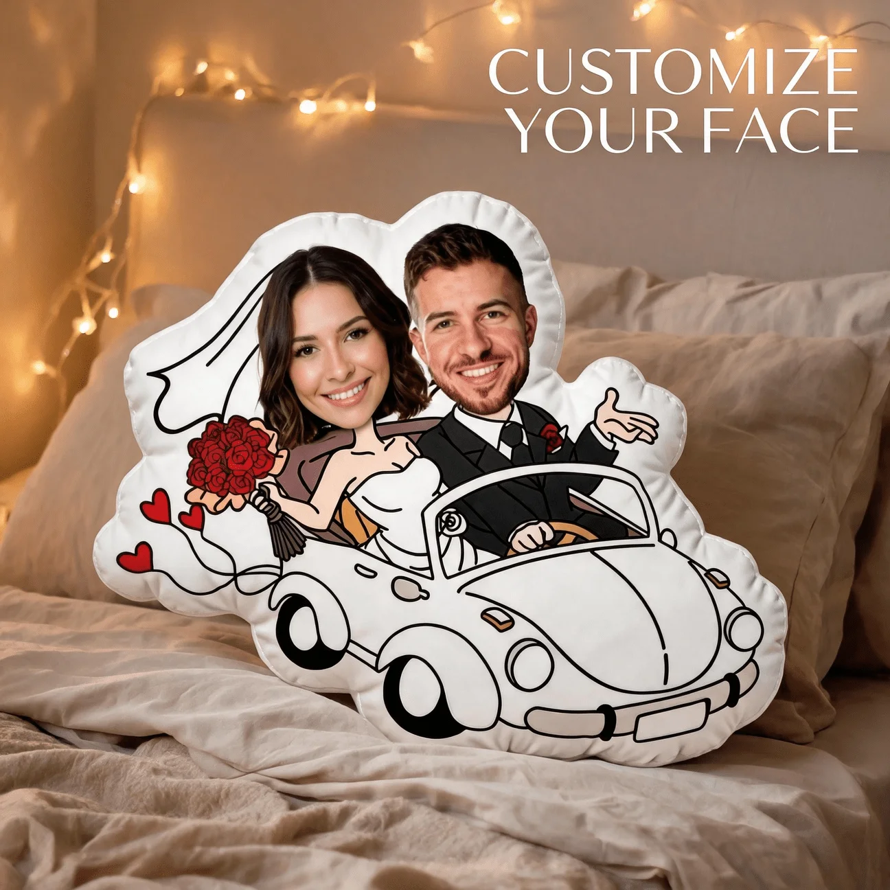 Custom Photo Wedding Car Shaped Pillow, Personalized Couple Portrait Decorative Cushion, Bride & Groom in Classic Car Design, Ro