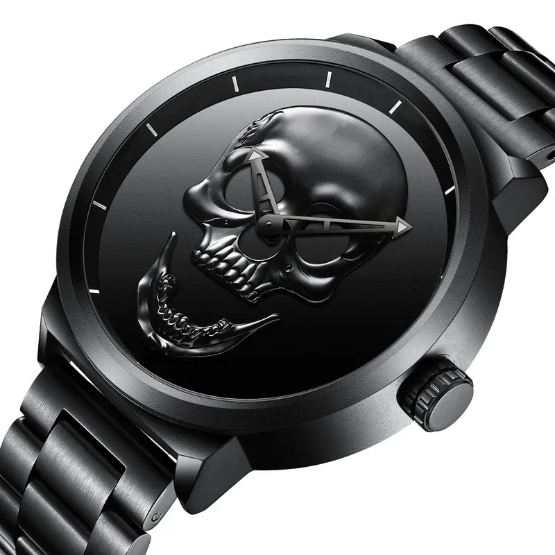 

Punk Creative Skull Black Men Watches BIDEN Stylish Waterproof Stainless Steel Casual Quartz Sport Wristwatch for Men Retro Gift