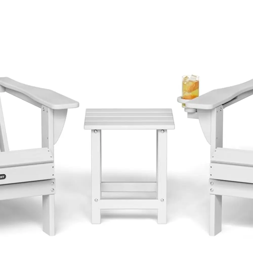 

3-Piece White Outdoor Patio Set with Weatherproof Adirondack Chairs and Cup Holders