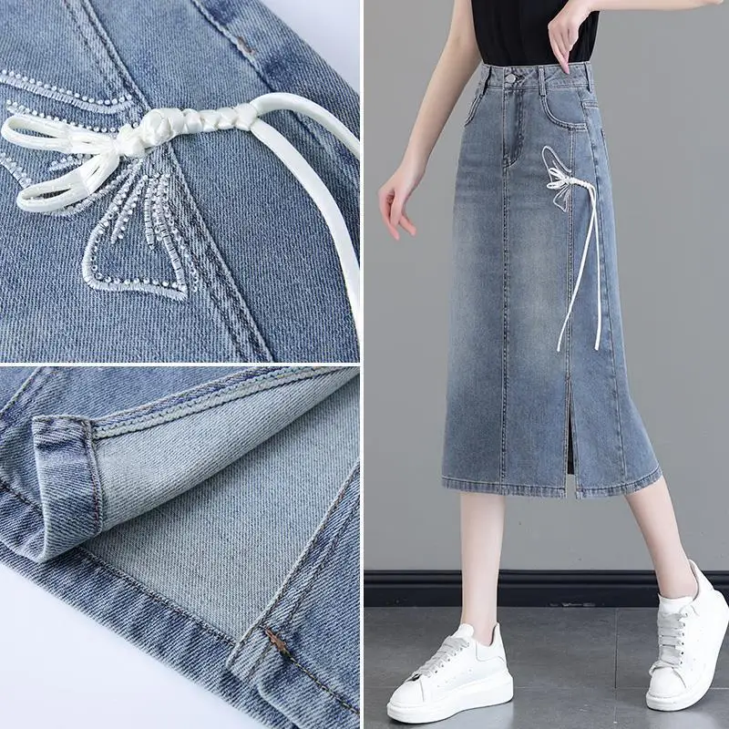 

Chinese Style Skirt Denim Skirt Women's New Summer Thin Long Slimming Straight Bag Skirt