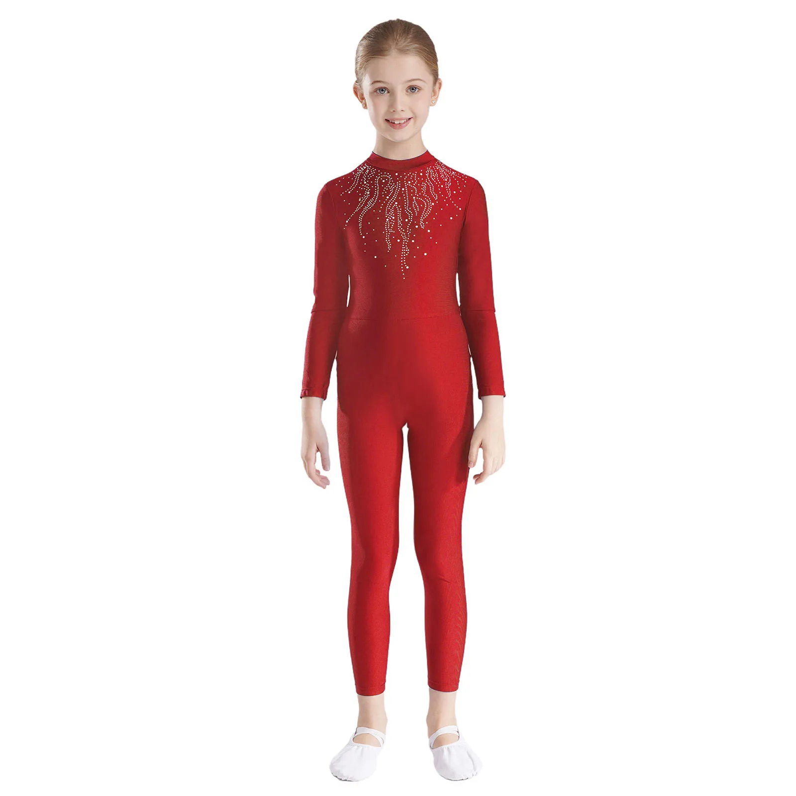 

Kids Girls Gymnastics Jumpsuit Glittery Rhinestones Long Sleeve Keyhole Back Dance Leotard Figure Ice Skating Unitard Dancewear