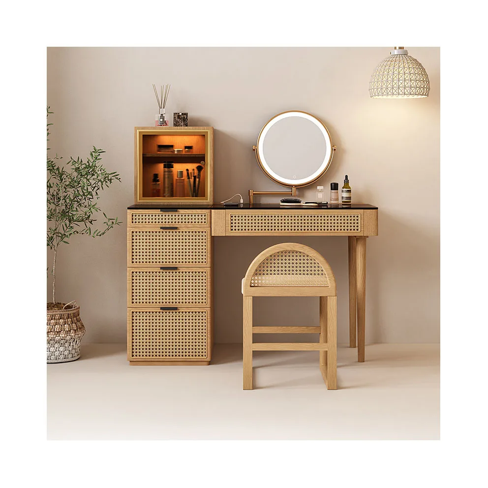 Bedroom Furniture Wood Drawer Dresser Light Makeup Vanity Rattan Chair Set Wooden Dressing Table With Led Mirror