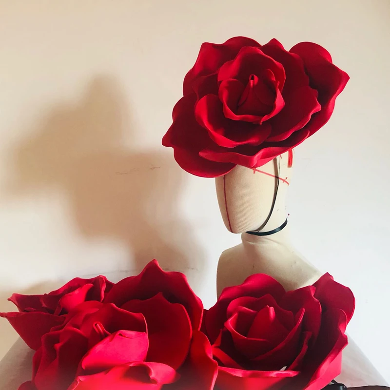 

Exaggerated Rose Headdress Nightclub GoGo Performance Team Valentine'S Day Red HeadWear Rave DJ Costume Festival Accessories