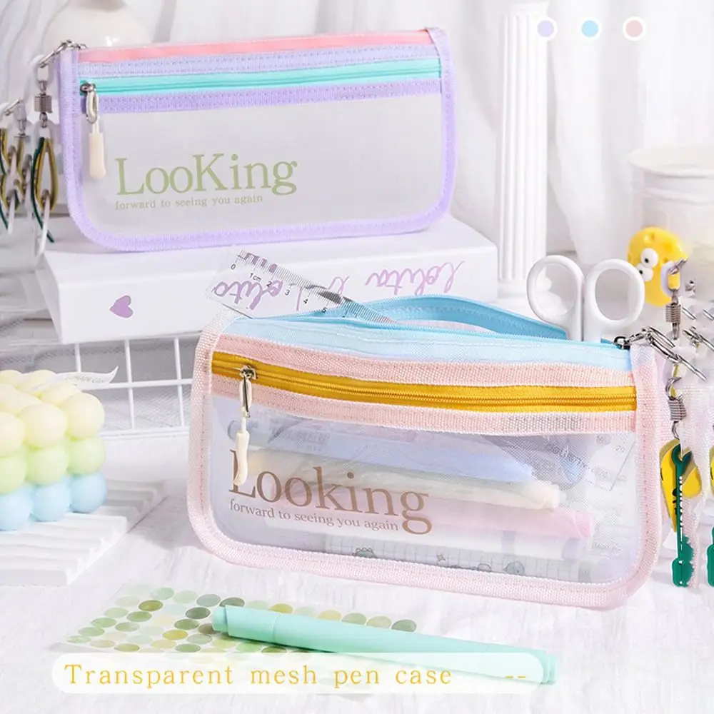 Transparent Mesh Pen Bag High Value Contrast Color Student Exam Pencil Bags Pen Storage Tool Large Capacity Student Stationery