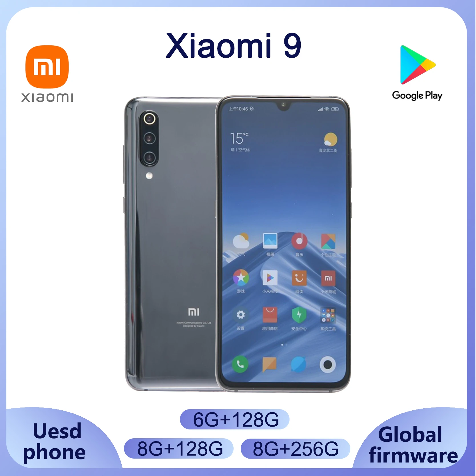 Xiaomi 9 Memory Smart Phone AMOLED 6.39 inch Display Snapdragon 855 3300mAh Battery Global Versionused phone