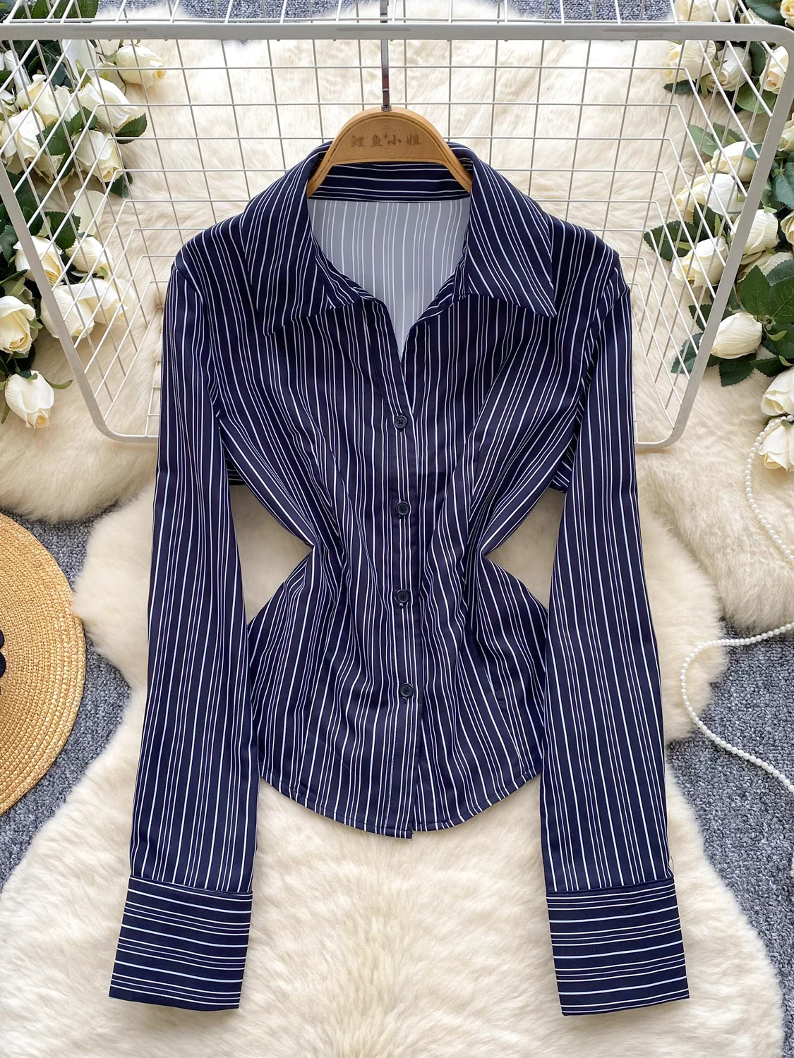 Faionable Striped Long Sve da donna irt Commute Sle Slim Fit Color Blo irt Fibra di poliestere traspirante Versione coreana