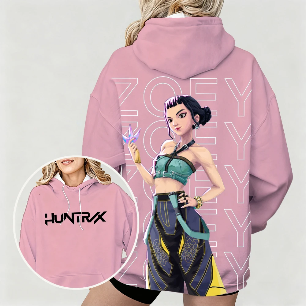 هوديي نسائي كبير الحجم مع تصميم رسوم متحركة KPop Demon Hunters Zoey بطباعة شخصية متحركة مزدوجة الجانب للارتداء اليومي غير الرسمي