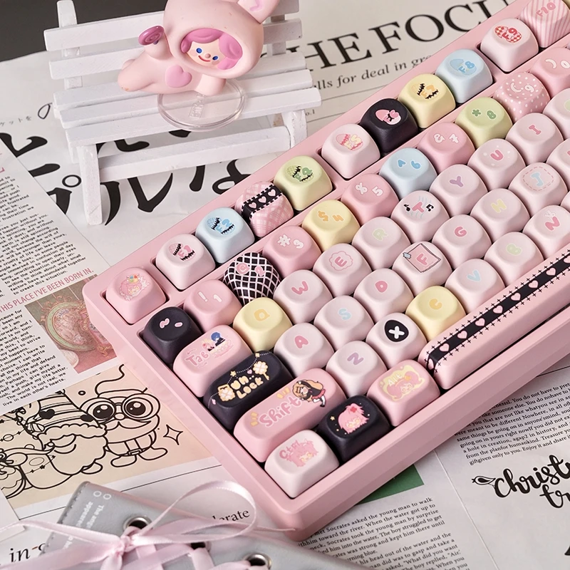 Cute Moa Keycap Pbt 132 Keys Guardian Sweetheart Girl Pink Black 75 87 98 104 Game Office Keyboard Keycap