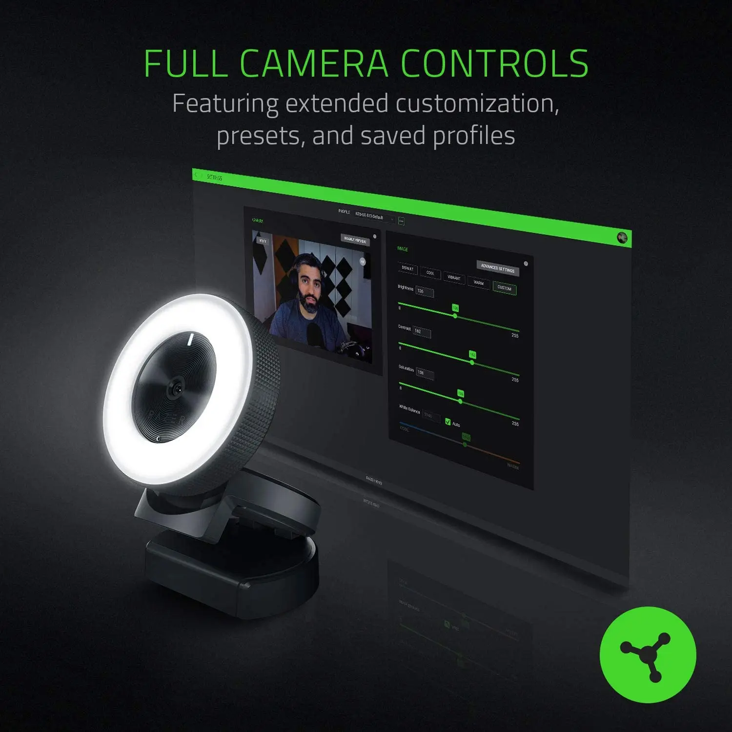 Razer Kiyo Streaming Webcam: Full HD 1080p 30 FPS  Ring Light w/Adjustable Brightness - Built-in Microphone Autofocus