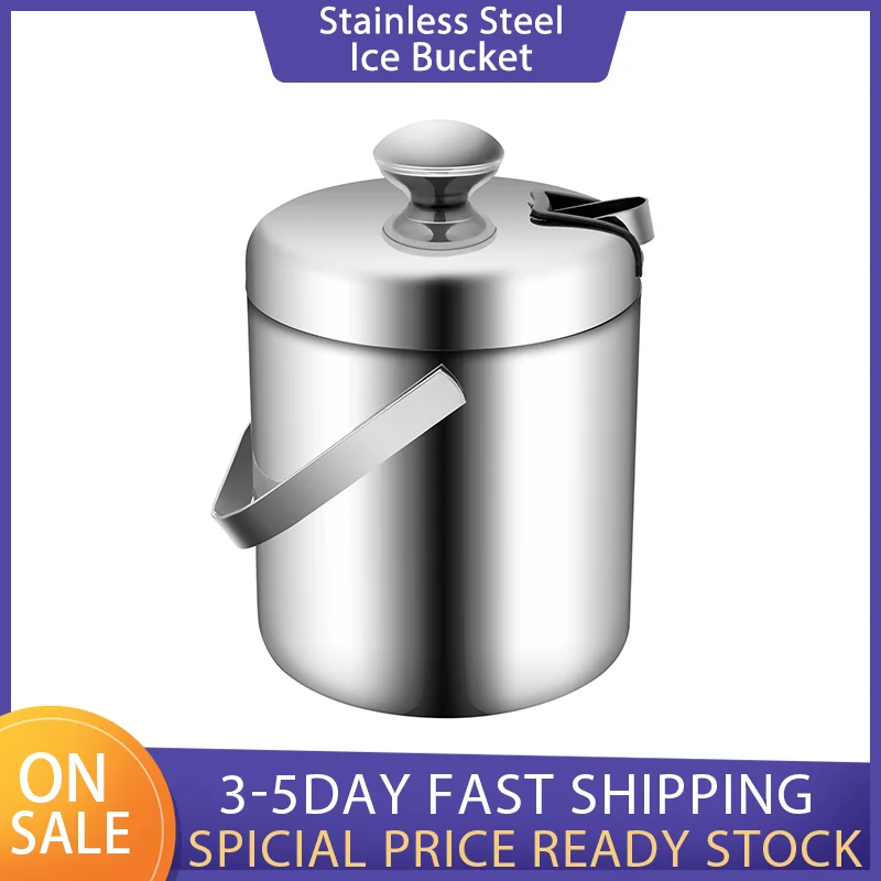 

Stainless Steel Ice Bucket 1.3L Stainless Steel Double-Walled Insulated with Airtight Lid, Strainer and Ice Tongs Ice Container