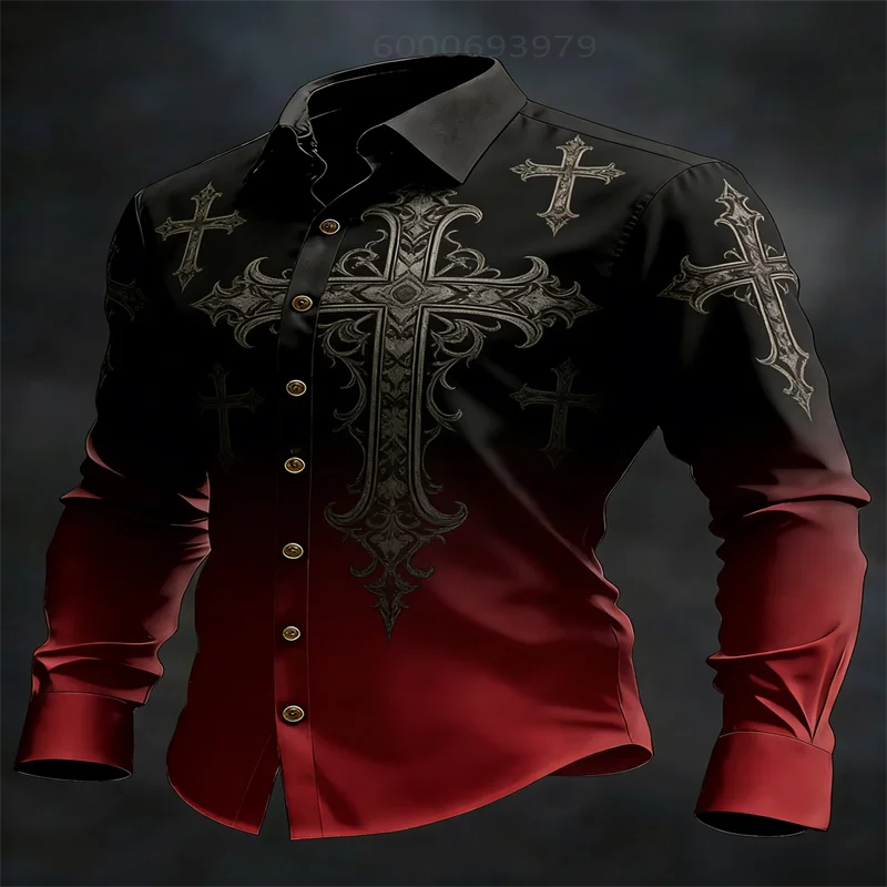 

2026 New Men's Long-Sleeved Shirt, Black 3D Cross Print, Stylish and Luxurious Long-Sleeved Shirt Top